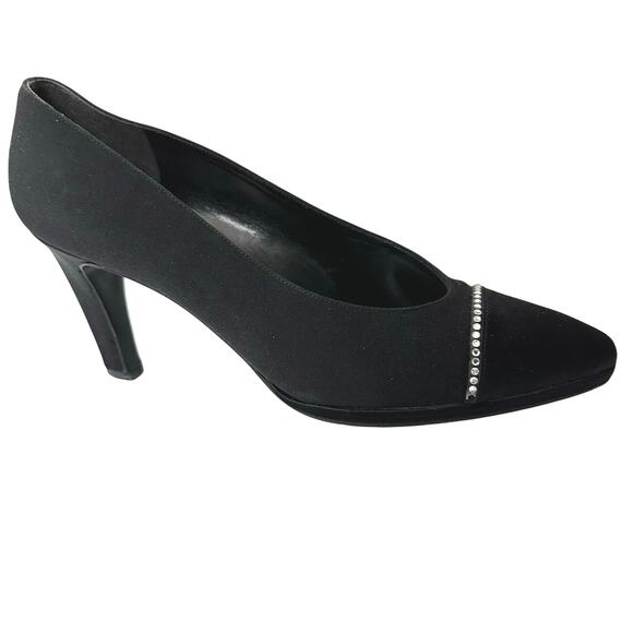Vintage 80s/90s Stuart Weitzman for Neiman Marcus Black Satin Rhinestone Heels 8 - Picture 5 of 13